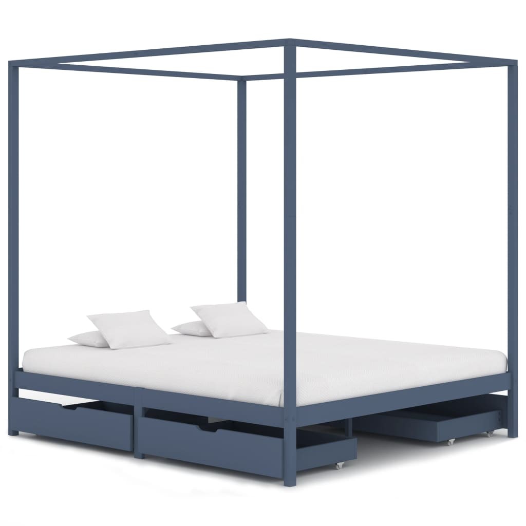 Canopy Bed Frame with 4 Drawers Grey Solid Pine Wood 160x200 cm